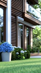 Fototapeta premium Modern house features a sleek air source heat pump installed next to a vibrant green lawn and hydrangea flower pot under bright sunlight