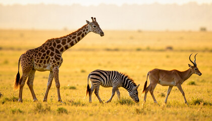 African wildlife trio: giraffe, zebra, and antelope in golden savanna - perfect for nature blogs, safari websites, wildlife conservation, and educational presentations