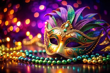 Mardi Gras Mask on Vibrant Background: Colorful Carnival Celebration Stock Photo