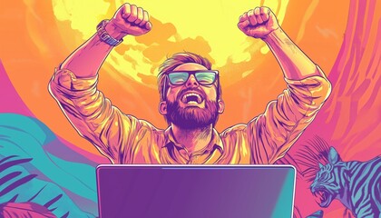 Successful Freelancer Hipster Celebrates Victory With Laptop And Raised Fists, Winning Big In Lottery Prize And Completing Project.