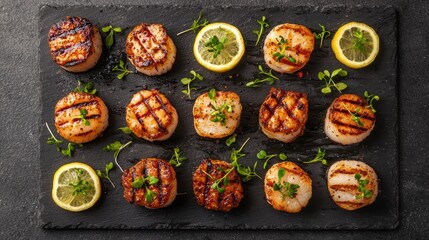 Grilled scallops arranged beautifully on a black slate platter, garnished with lemon slices and fresh herbs, showcasing a delectable seafood dish.