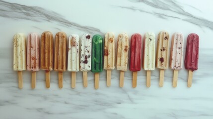 Colorful ice cream bars arranged in a geometric pattern on a marble surface with bright overhead lighting