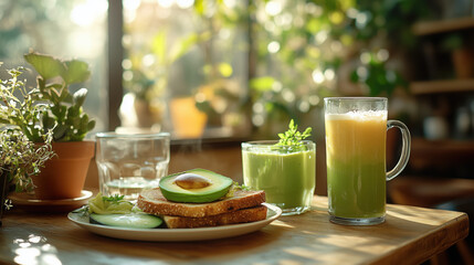 Trendy Cafe Table with Avocado Toast, Green Juice, and Almond Milk Latte for Health-Conscious Diners and Clean Eating Enthusiasts