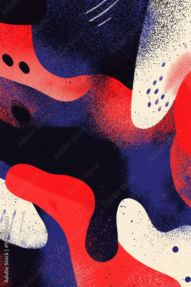 Poster dynamic abstract composition featuring bold red, blue, and white waves with dots creating a vibrant 