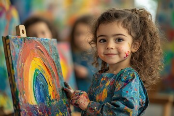Young girl with curly hair painting a colorful rainbow on an easel