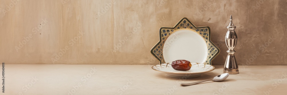 Poster elegant ramadan table setting with dates and silverware