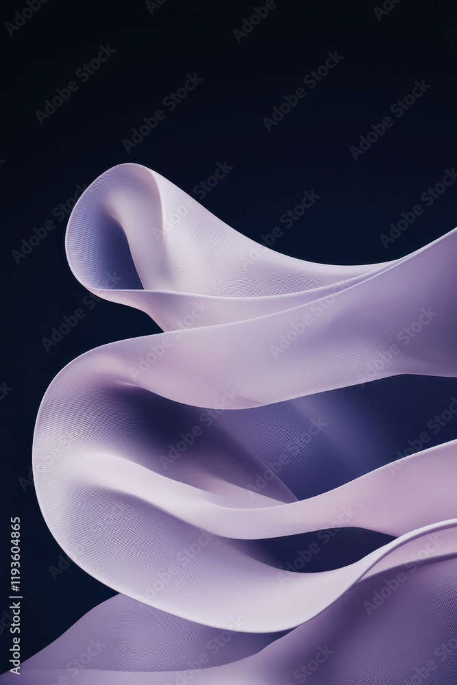 Poster elegant flowing abstract fabric design in soft purple hues with dynamic curves and textured satin ef