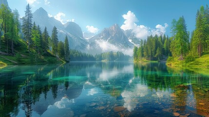 Fototapeta premium green pine trees near lake during daytime