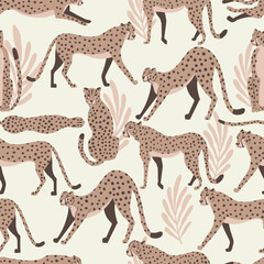 Cheetah big cat exotic seamless pattern - Mocha Mousse - tropical plants - hand drawn vector illustration
