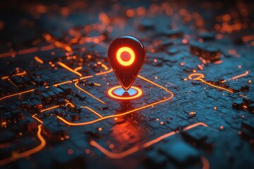 glowing location pin on an interactive map with colorful lines illustrating multiple routes leading to various destinations representing futuristic navigation and urban travel planning