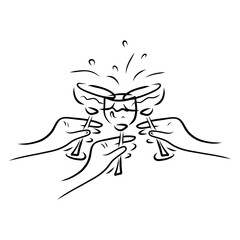 Hands toasting champagne glasses, Hand drawn clinking glasses, Cheers, doodle drawing