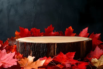 Fleecedeken met foto Wooden Tree Stump Display With Autumn Leaves © Abbas
