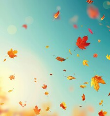 Autumn background with flying colorful leaves on a blurred sky background.