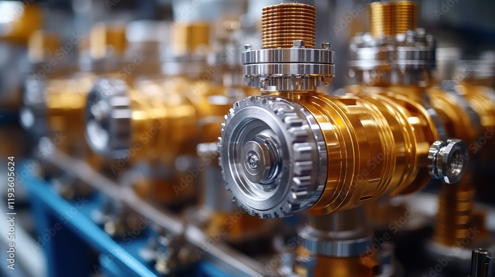 Poster close-up view of precision-engineered metallic valves with golden finish in industrial setting for e