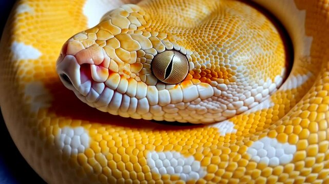 Bright yellow snake coiled comfortably in a habitat during daylight hours