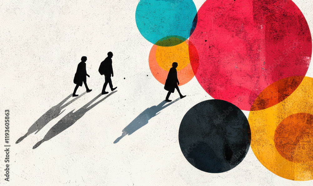 Poster abstract silhouettes and colorful circles creating dynamic composition with geometry and shadows
