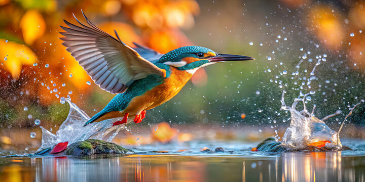 A colorful kingfisher dives into the water to catch a fish, creating splashes as it takes off amidst autumn leaves reflecting the morning light