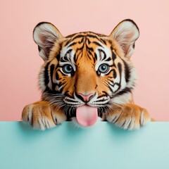 Obraz premium cute tiger cub with its tongue out peeks over pastel colored edge