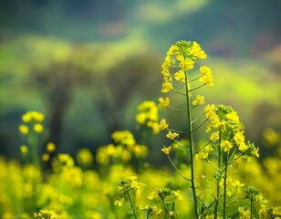 Obraz premium yellow mustard flowers, field of mustard flowers, mustard, blossoms of oilseed, green yellow plants, yellow blossoms, blurred background