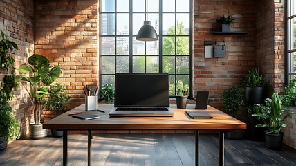 Sunlit modern workspace with laptop, plants, and brick wall.