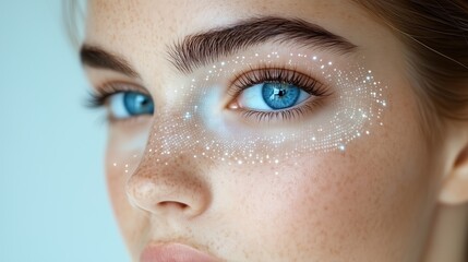 Detailed image of a blue eye with luminous particles illustrating technology and beauty.