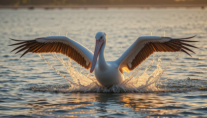 A pelican gracefully lands on the water, creating splashes as it spreads its wings wide under the warm glow of a sunset. The tranquil lake reflects the vibrant colors of the sky