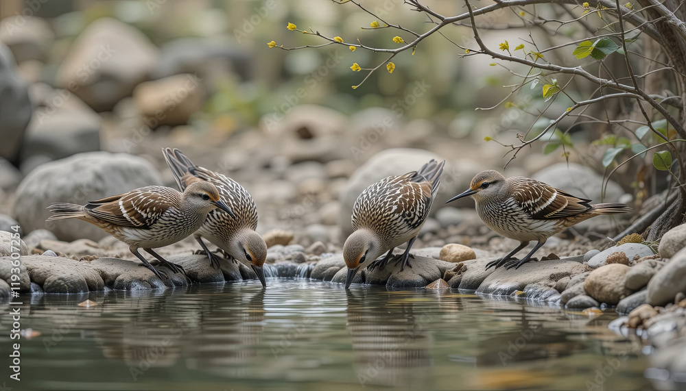 Poster four small birds are drinking from a calm water source bordered by smooth stones and branches. the t