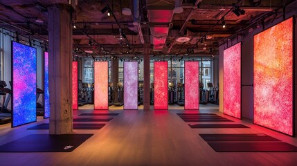 Modern fitness studio interior with colorful illuminated panels and yoga mats.