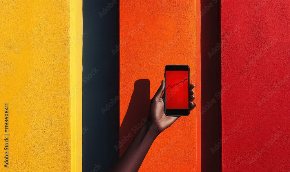 Poster dynamic representation of economic growth on smartphone with vibrant colorful background highlightin