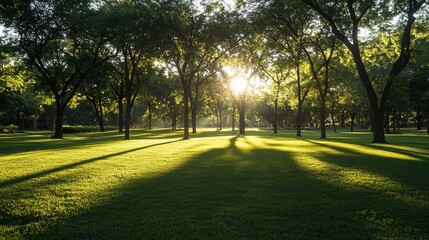 Fototapeta premium Sunlit Park Trees Casting Shadows on Green Grass