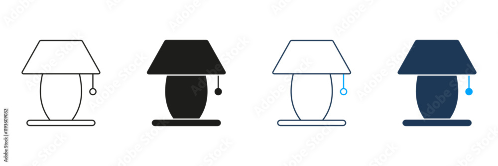 Poster table lamp with shade line and silhouette icon set. bedside lighting symbol. home lighting with swit