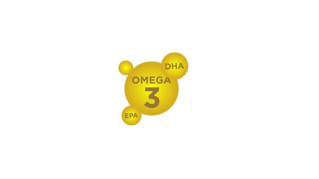 Vitamin omega 3 with realistic drop, Omega Fatty Acid, EPA, DHA. Omega Three, Natural Fish, Plants Oil. Motion graphics.