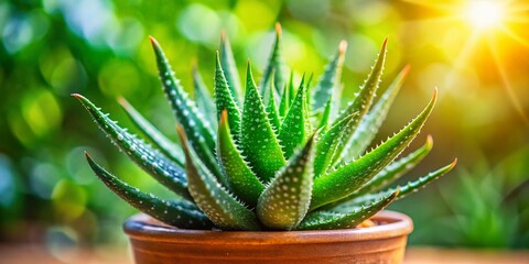 Obraz premium Miniature Aloe Vera Plant in Pot, Tilt-Shift Photography