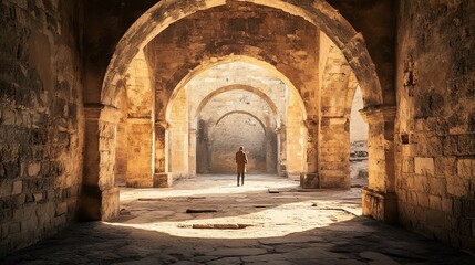 Obraz premium Woman Walking Through Ancient Stone Archway Corridor