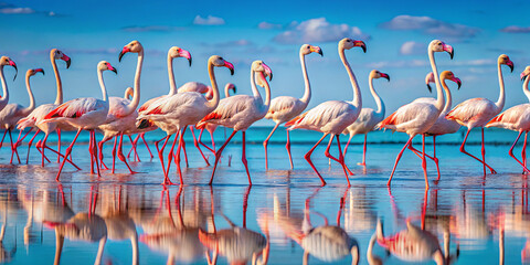 Obraz premium A flock of vibrant flamingos stands gracefully in shallow waters, their reflections shimmering on the surface as the sun sets, creating a picturesque scene in nature's beauty