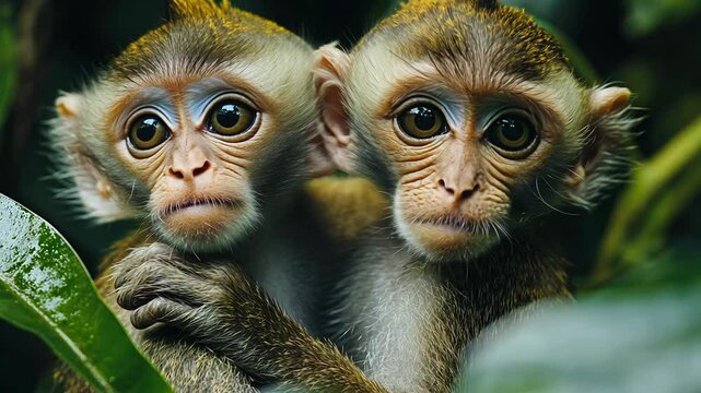 Close-up shot of two baby monkeys cuddling in a lush tropical rainforest.