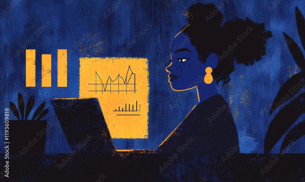 Aufkleber illustration of a professional analyzing data on laptop with graphs and charts, showcasing modern bu