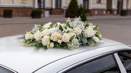A white car is parked on a city street, adorned with vibrant flowers, creating a picturesque urban moment ideal for a joyful occasion.