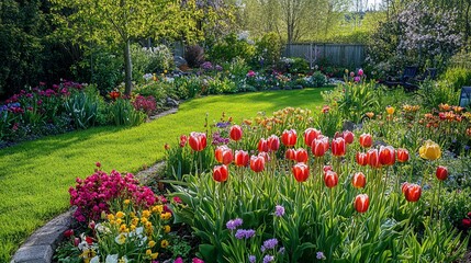 Vibrant Spring Garden With Colorful Tulips And Blossoms