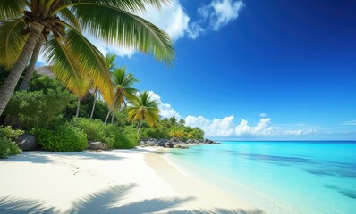 Tropical beach with clear water and palm trees