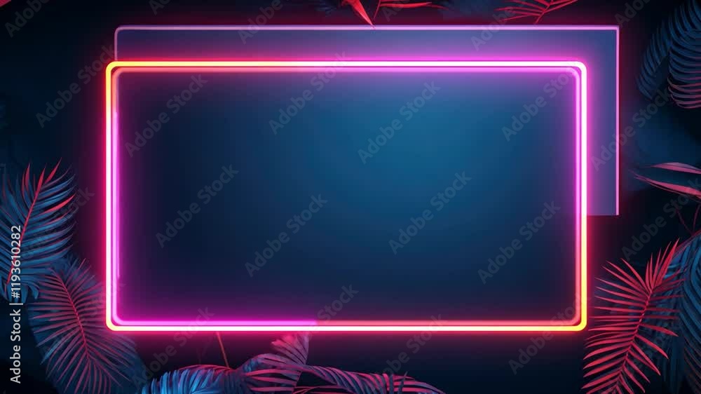 Aufkleber neon tropical frame: vibrant pink and orange neon lights illuminate a glowing rectangular frame, cre