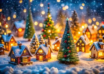 Obraz premium Miniature Christmas Town, Magical Winter Wonderland, Tilt-Shift Festive Scene