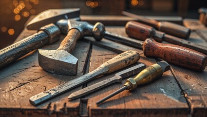 A vibrant flat lay of old hand tools: a hammer, chisel, and wooden-handled screwdrivers on a workbench