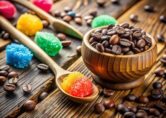 Miniature Coffee Bean Sugar Scrub Candies on Wooden Desk - Tilt-Shift Photography