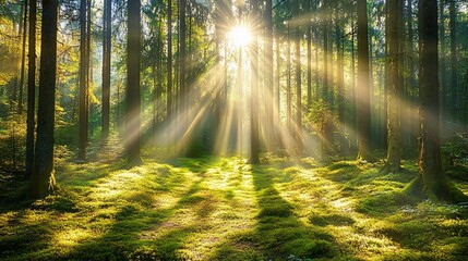 Naklejka premium Sunbeams Illuminate Mossy Forest Floor Through Tall Trees