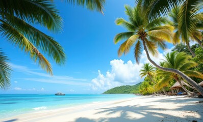 Tropical beach scene with palm trees