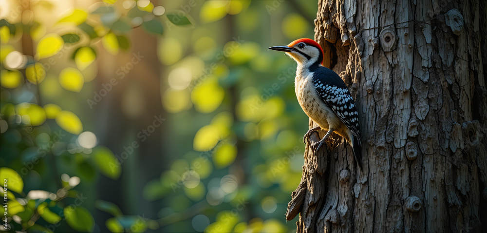 Poster a vibrant woodpecker sits on a tree trunk in a lush forest, highlighted by soft light filtering thro