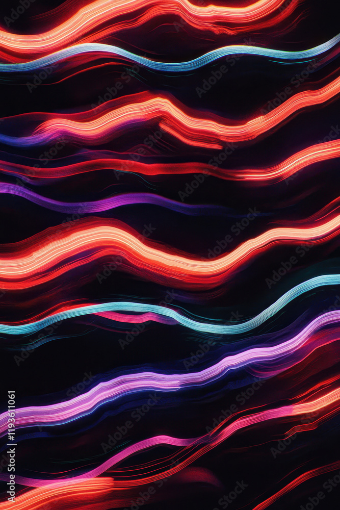Poster vibrant neon light waves creating dynamic abstract art in a spectrum of electric colors and patterns