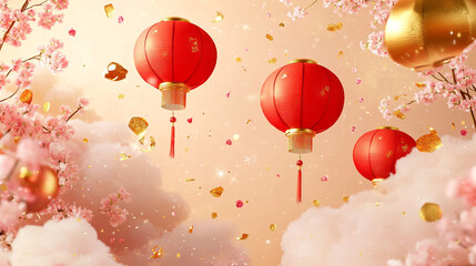 Festive Chinese Lanterns Floating Amidst Cherry Blossoms