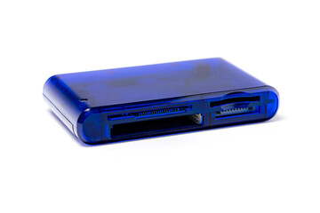 Blue transparent USB memory card reader with visible components inside